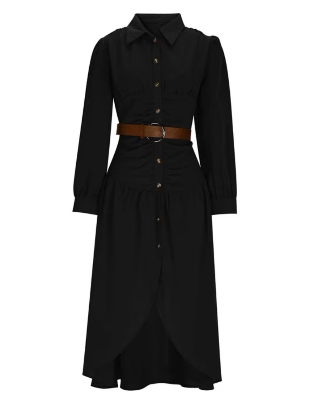 Black Button-Front Shirt Midi Dress with Brown Belt - Picture 2 of 12